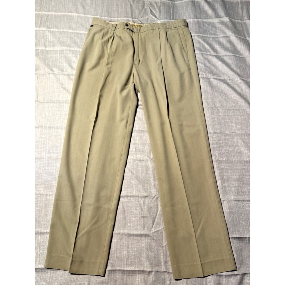 Tommy Bahama Men's Silk Cotton Dress Pants Flat Front Herringbone Beige 38x34